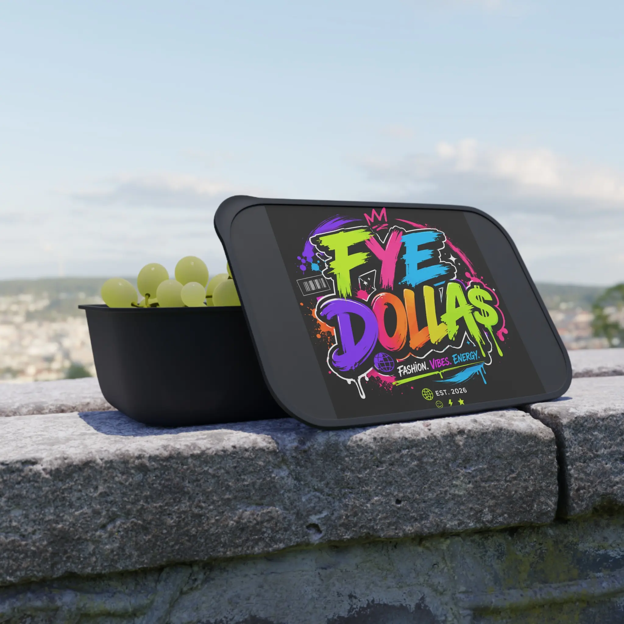 Colorful 'Fye Dolla' Graphic Bento Box — Reusable PLA Lunch Container with Band & Utensils