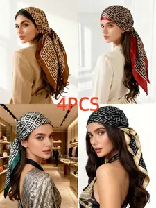 Set of 4 Geometric Print Coordinating Scarves, Lightweight Woven Fabric, Casual Fitted Style, All Season Use, Versatile Use, European and American Fashion Accessories