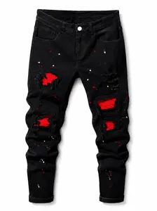 Vesper Denim American Retro Paint Splatter Ripped Jeans – Slim Fit Hip-Hop Streetwear Denim Pants