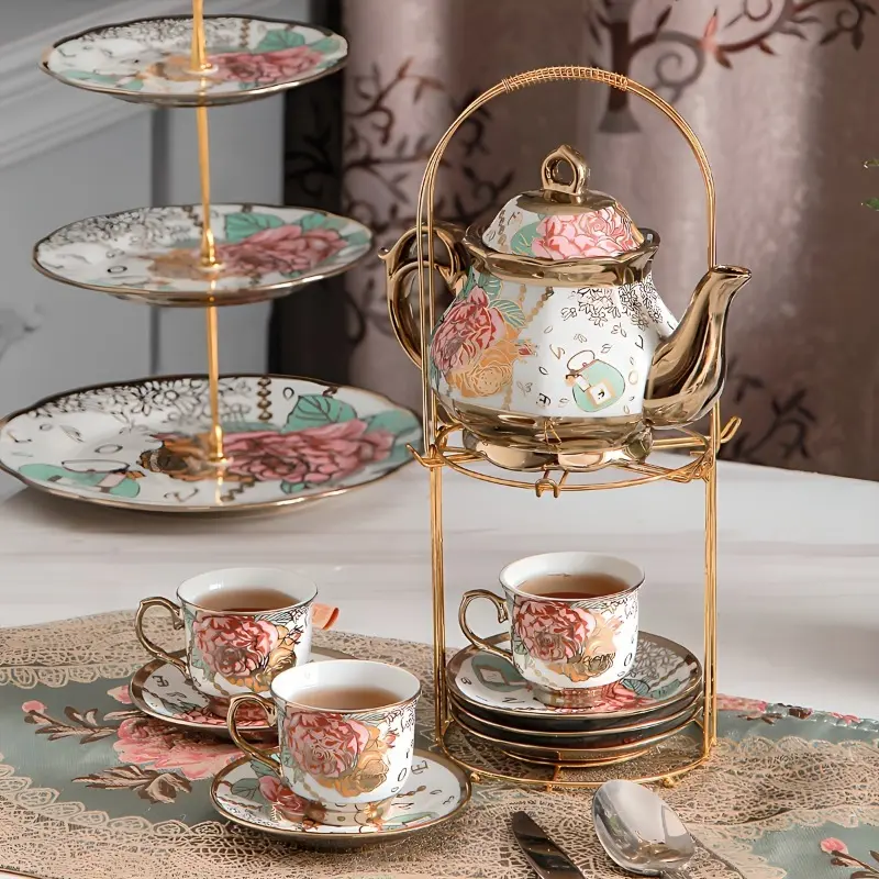 [Exquisite And Compact Tea Set] 20pcs Porcelain Floral Espresso Tea Set with Metal Holder And Teapot, European Ceramic Turkish Coffee Cup And Saucers, Luxury Arabic Ceramic Tea Cups for Espresso, Cappuccino, Latte, Mocha