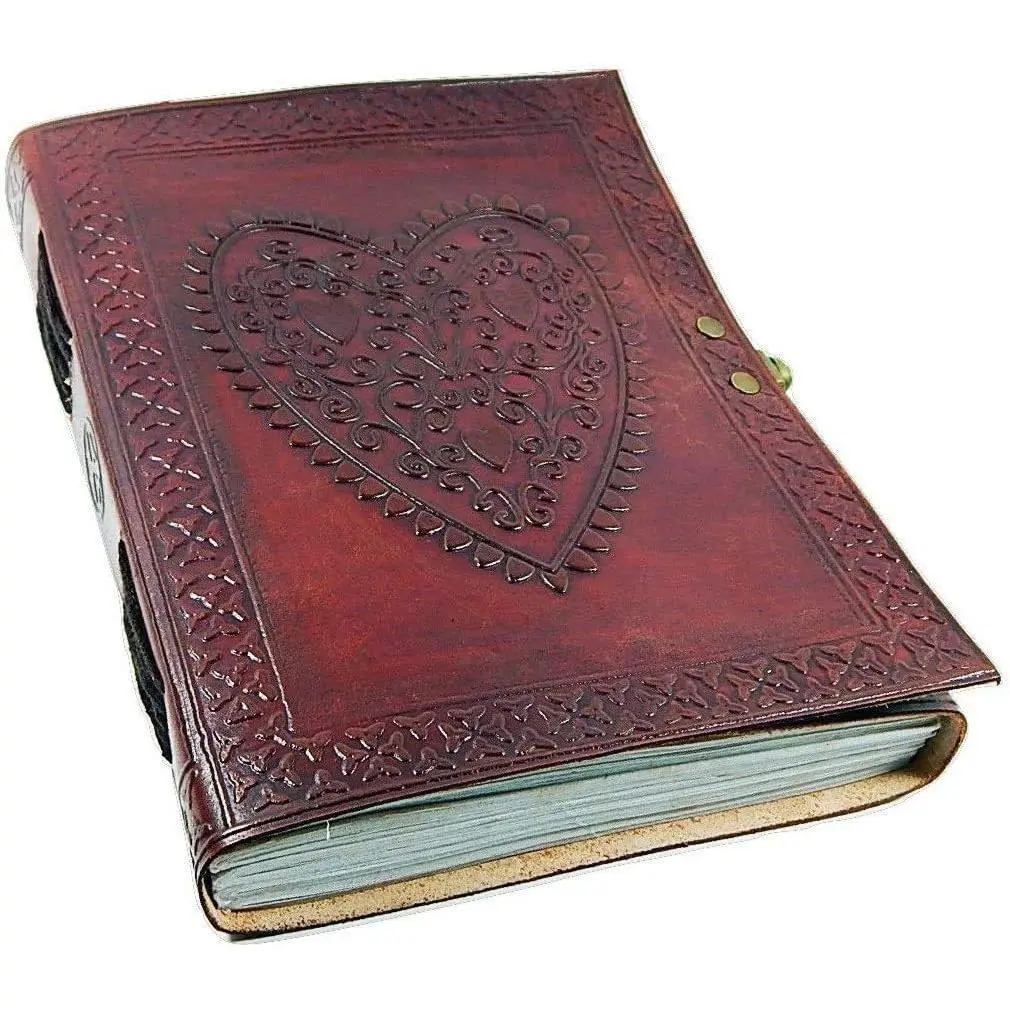 Large Heart Embossed Leather Cover Journal - Coptic Bound, Lock Closure, Scrapbook Photo Album with Blank Pages, Handmade Look for Artists