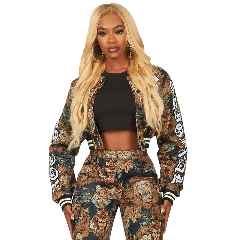 Khadiyah Black Crop Tapestry Varsity Jacket