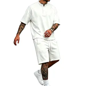 Men's Oversized 2-Piece Outfit | White Henley Short-Sleeve T-Shirt + Casual Drawstring Shorts