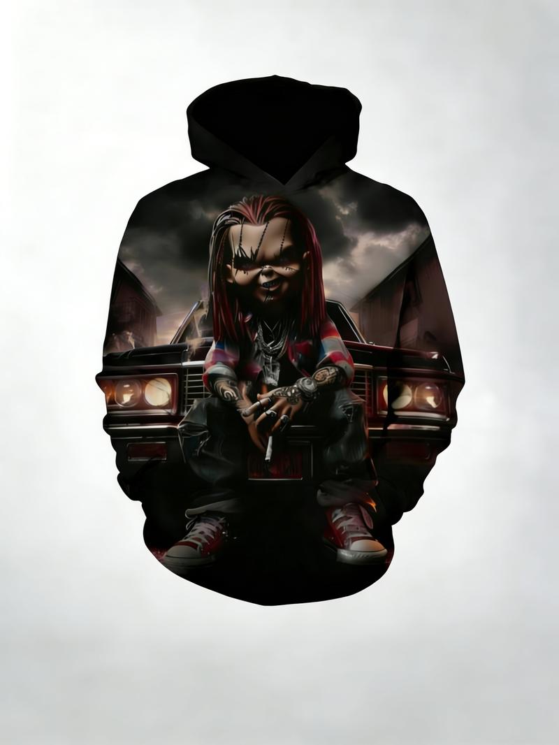 Men's Two-Piece Full Print Hoodie and Sweatpants Set - Horror Movie Doll Character Streetwear, Casual Black and Red Pullover Hoodie with Sweatpants, Fashionable Graphic Two-Piece Set, Perfect for Halloween, Parties, and Daily Wear