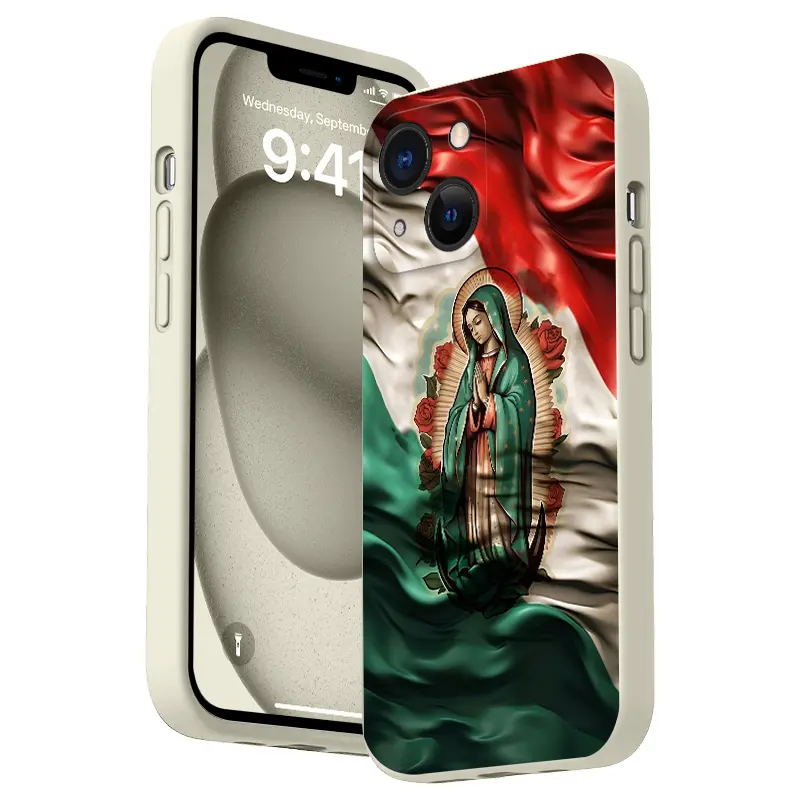 Straight Edge Gradient Virgin Mary Pattern Silicone Phone Case for iPhone 17,16 Pro Max,15 Plus,14,13,12,11,Air,XR,XS - Durable,Protective,Military-Grade Shockproof Non-Slip Casing