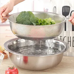 Stainless Steel Kitchen Strainer Utensils with Handles, Food Colander Kitchenware, Multi-Functional Drain Basket, Suitable for Rice Fruits Vegetables, Durable Dishwasher Safe