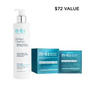 Bluemercury m-61 Cleanse & Peel Skincare Bundle, PowerGlow Peel Extra Strength 20% (8 Treatments), Perfect Cleanse, Exfoliating Peel, Gel-to-Foam Cleanser