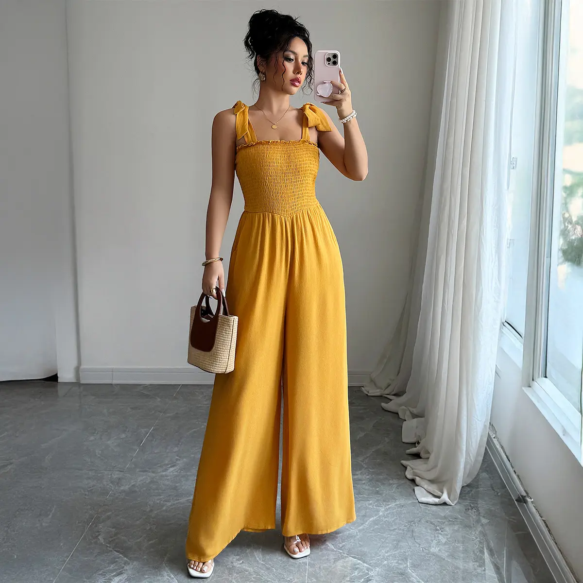 Women's Casual Polyester Solid Color Overalls - Spaghetti Straps, Shirred Bodice, Sleeveless, High-Waist Wide-Leg, Normal Type, Reinforced Stitch, All Seasons, Cold/Machine Washable for Holiday Camping Essentials