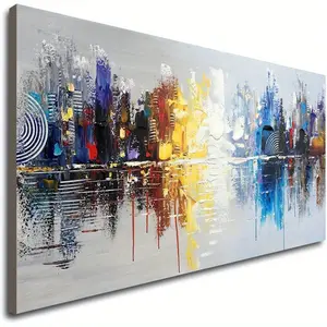One piece wood frame wrapped canvas print, high definition print, ready to hang, large hand painted abstract reflection cityscape canvas wall art modern oil painting modern decorative artwork
