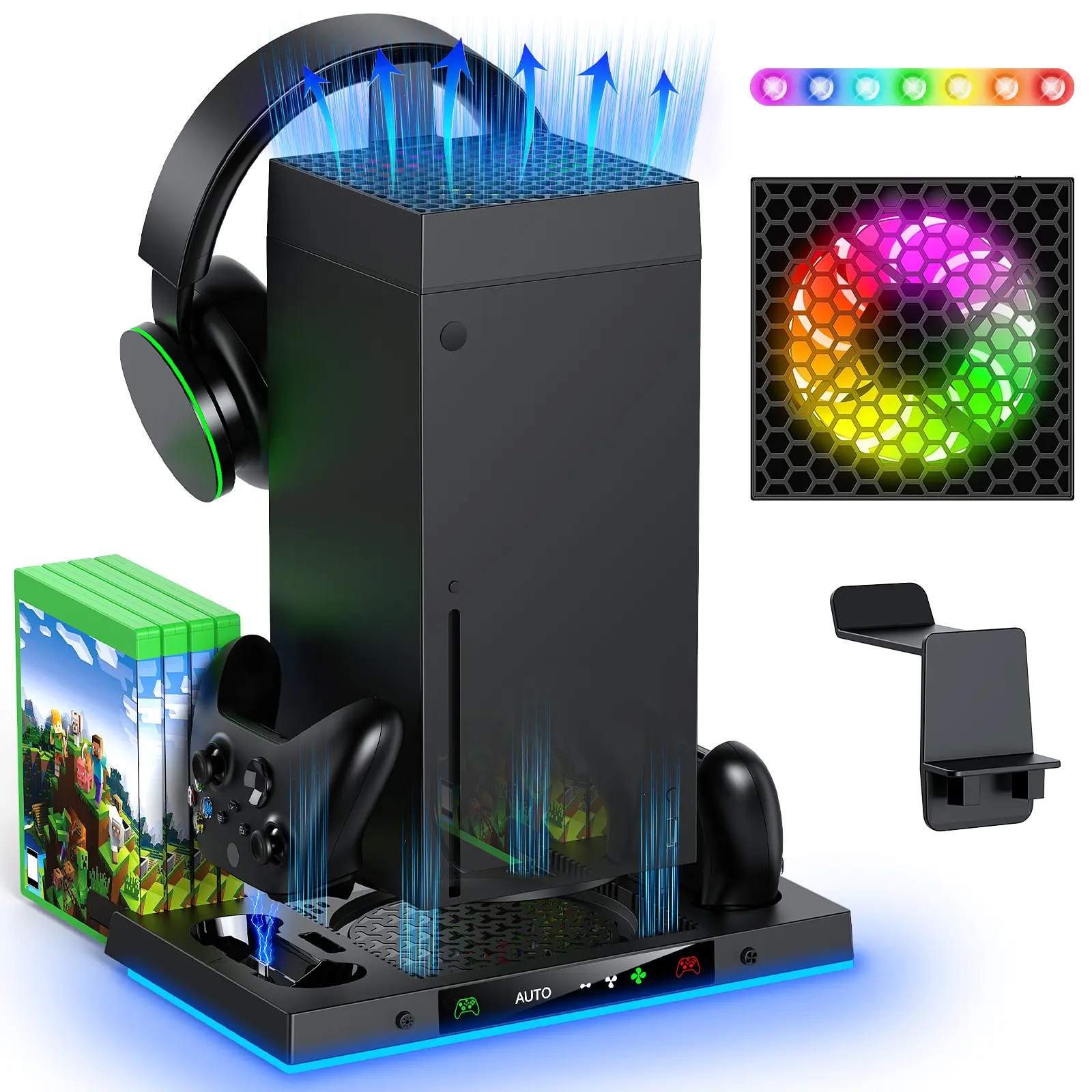 Xbox Series X console automatic cooling fan charging stand accessory (black) | Wireless dual charging base, with 15 lights, suitable for Xbox One controllers, earphone stands and game disc storage
