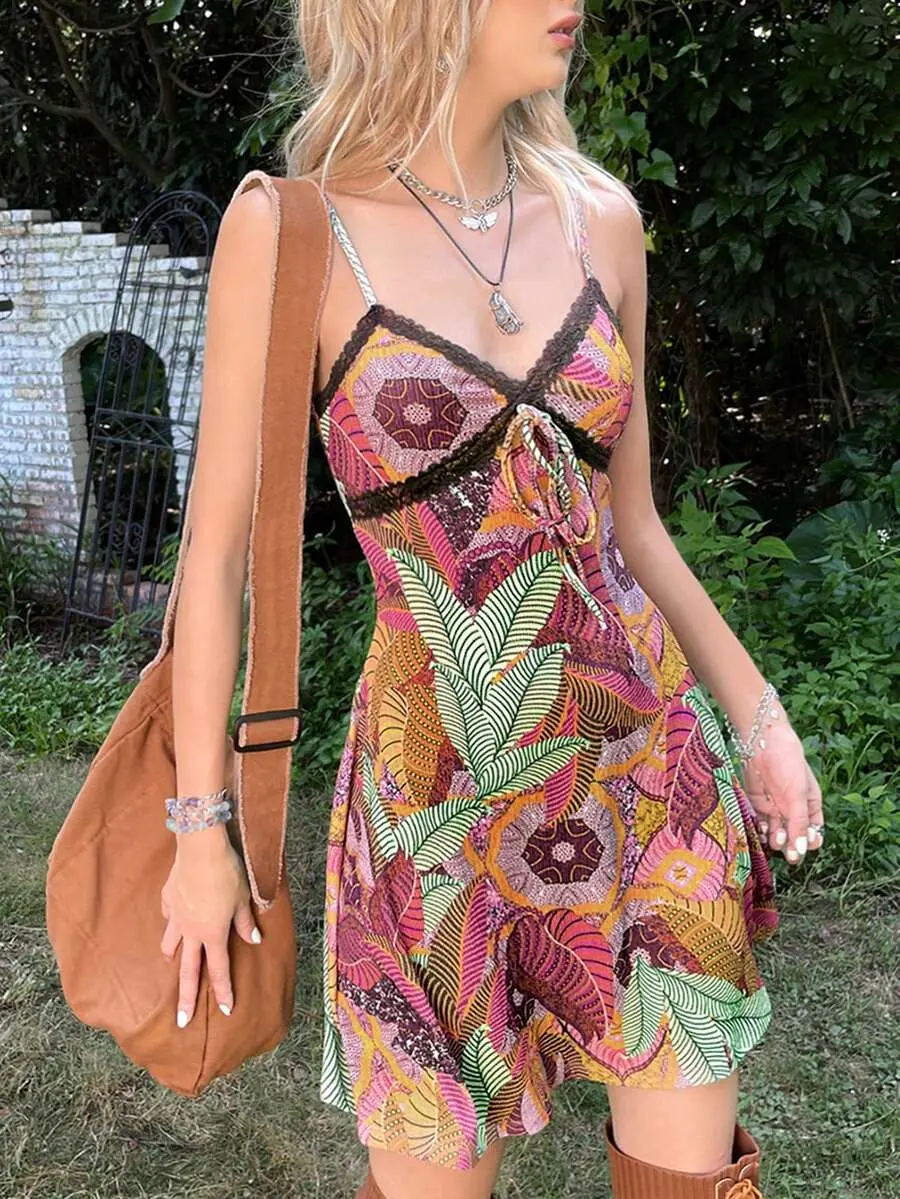 Lunara x  Grunge Tropical Print Contrast Lace Knot Front Cami Dress