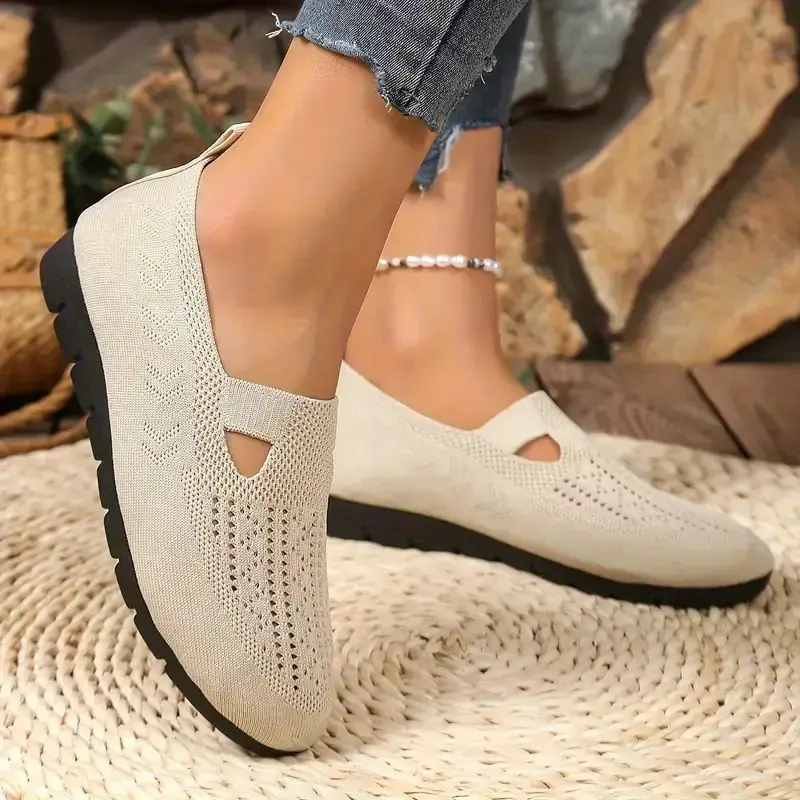 OFIREND Women's Lightweight Flat Shoes, Soft Knit Cut-Out Loafers, Non-Slip Breathable Walking Footwear for Nurses & Seniors, Walking Shoes, Casual Breathable Shoes