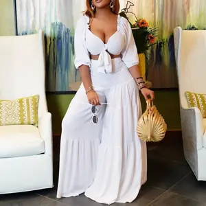 Summer Spring 2025 Boss Babe Outfit Women's Plus Size 2-Piece Sets V-Neck Backless Top & High Waist Wide Leg Pants Elegant Party Wear Chic Clothes
