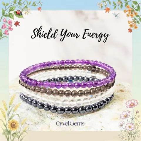 "Shield Your Energy" Protection Amulets Healing Gemstone Bracelet Stack | 4mm Hematite, Smoky Quartz, Amethyst, Clear Quartz Beads |  Perfect for Men, Women, Couples, and Friends | Ideal for Daily Wear, Meditation. X0