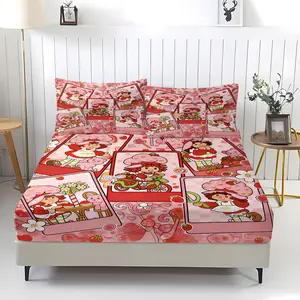 3-Piece Strawberry Shortcake Pattern Bed Sheet with Comfortable Printed Pattern, Includes 1 Bed Sheet and 2 Pillowcases, Comfortable Bedding, Non slip Dust Cover Suitable for Bedroom and Guest Room, Suitable as a Gift