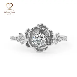 Delzzad 0.6ct Vintage Rose Engagement Ring Forever Rose Flower Wedding Ring Band D Color VVS Synthetic Moissanite Ring Jewelry Copper Perfect Birthday Engagement Wedding Anniversary Christmas Gift