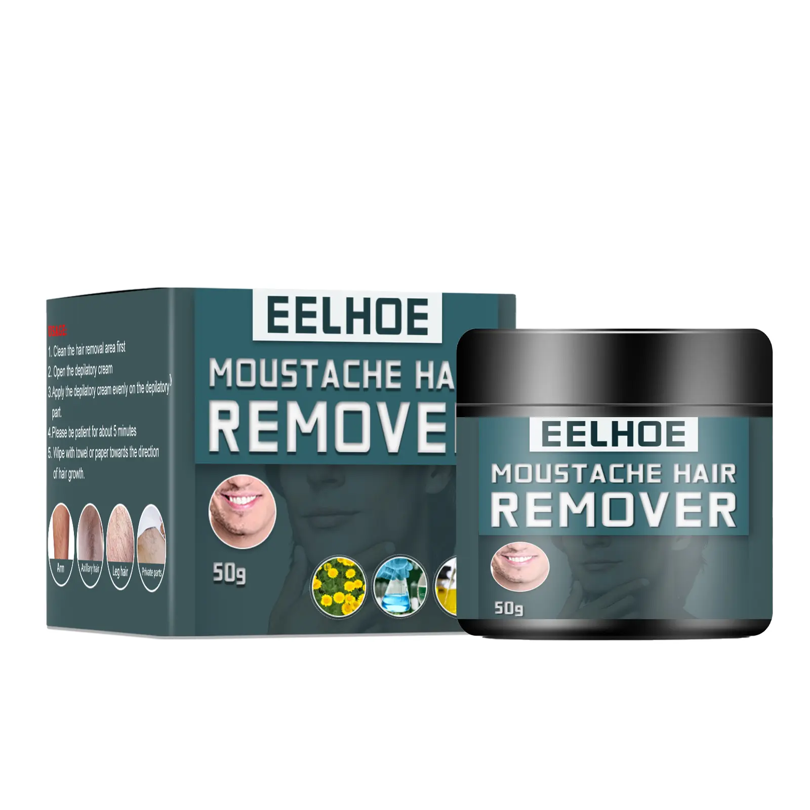 EEELHOE Men's Gentle Sensitive Hair Removal Cream - 50g, Face & Beard Use, Skin-Cleansing Non-Irritating Men's Beauty & Personal Care Product