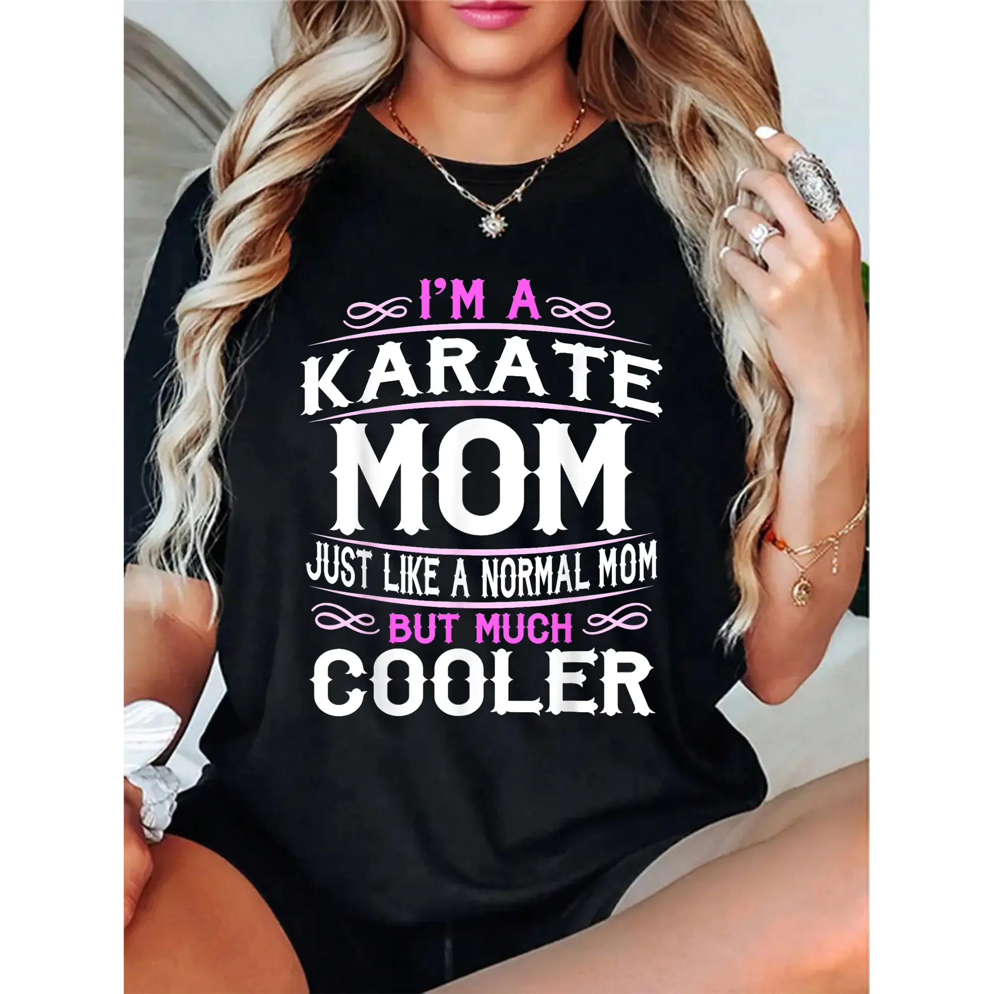 Women's Casual Karate Mom Graphic T-Shirt, Short Sleeve 100% Cotton Everyday Top, Cute Sporting Mom Gift, Tops, Shortsleeve, Round Neck, Vintage, Tshirt, Lady, Distressed