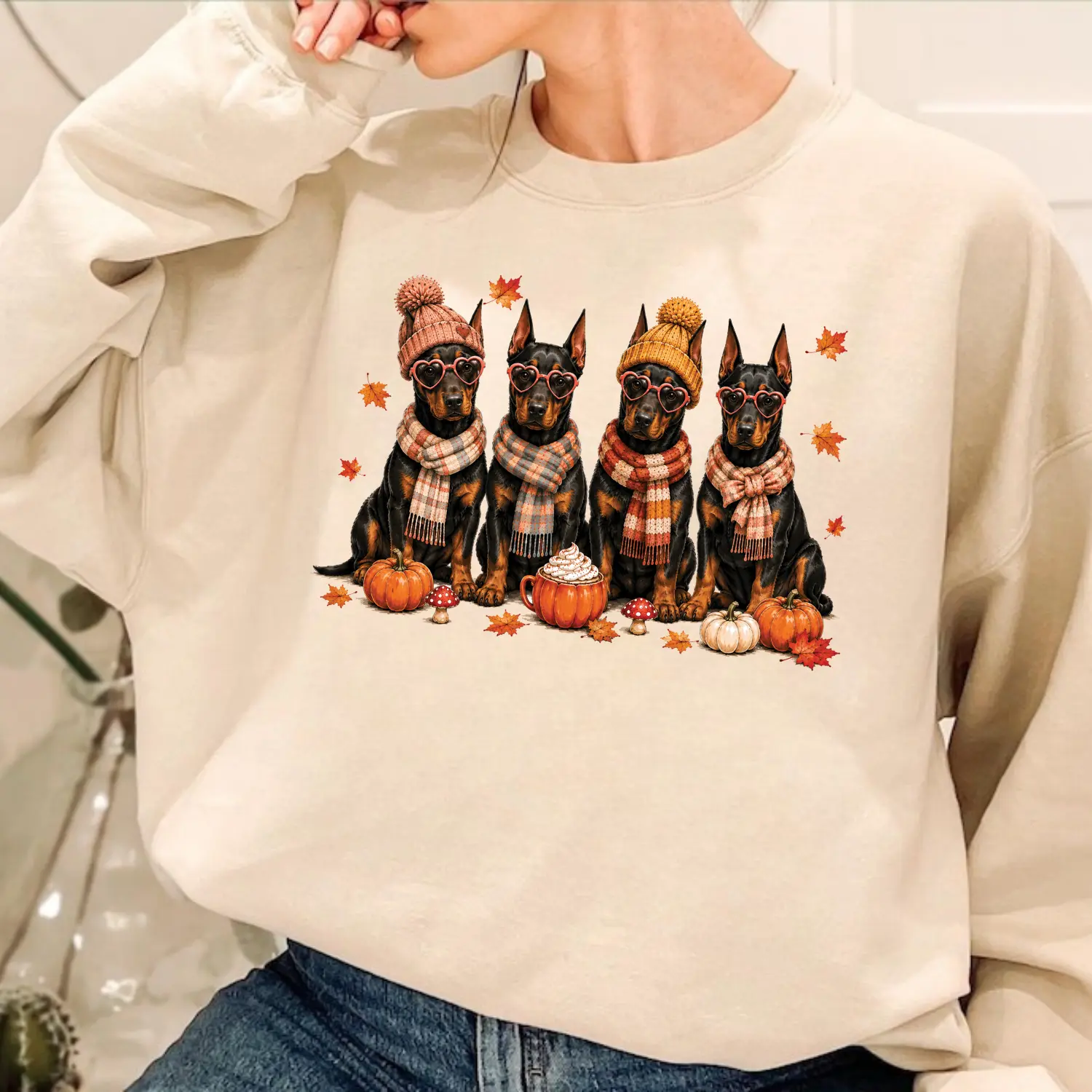 Doberman Fall Sweatshirt, Cute Doberman Dog Mom Graphic Crewneck, Pumpkin Autumn Pullover, Cozy Thanksgiving Pet Lover Gift for Women