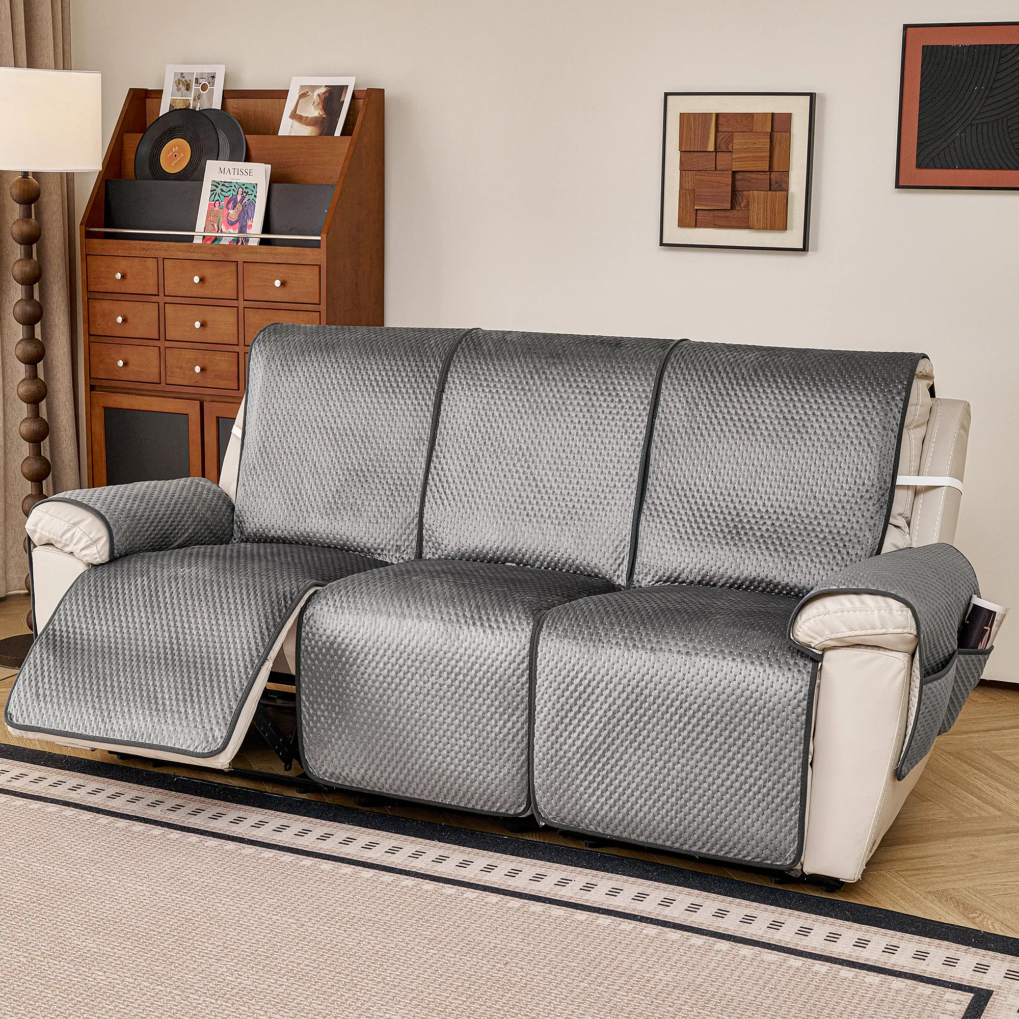 Contemporary Modern Flannel Texture Recliner Cushion Cover - Soft, Non-Slip, Machine Washable, Split Design, Armrest Storage Pockets, Pet-Friendly, All-Seasons Sofa Protector for Adults, Fits Double/1/2/3-Seater Sofas & Other Sofa Types
