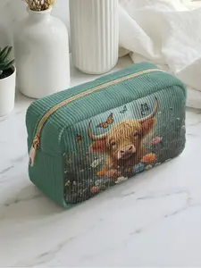 1 piece of 2D printed makeup bag with flower and butterfly in the cow pattern, large capacity design | suitable for all seasons/general use | fits daily skincare and various cosmetics | perfect for life and travel