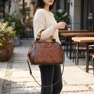 Vintage Hand-Carved Leather Satchel - Floral Embossed Top Handle Bag with Bamboo Accent