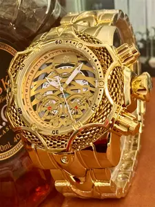 Luxury Men's Stainless Steel Punk Style, High End Watch, Large Round Dial, Quartz Movement, Golden Color Band, Mineral Glass, Perfect Gift Box Included