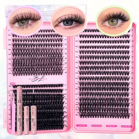 740pcs Mixed Length Eyelash Clusters Set Natural Makeup Effect False Eyelashes DlY Lash Extension Volume Thick Cluster Lashes With Tweezers Glue Spiral Brush