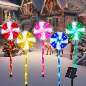 Outdoor Christmas Decorations Solar Pathway Lights, Set of 5 Lollipops Peppermint Stake Lights, 8 Modes Candy Cane Walkside Lights, Outdoor Xmas Decoration for Walkway,Yard