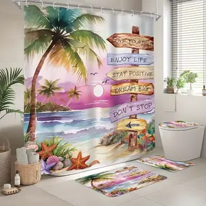 1/4pc tropical beach palm leaf pattern, purple ocean quote design shower curtain set, includes shower curtain, toilet seat cover, rectangular mat and U-shaped mat, for bathroom décor, beautifies the space, with 12 hooks, Bathroom Decoration Accessories