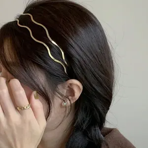 Gold Wavy Headband Set, Lightweight Non-Slip Thin Hair Hoops for Flyaways & Effortless Hairstyles, Great for Makeup, Workouts & Korean Style Outfits