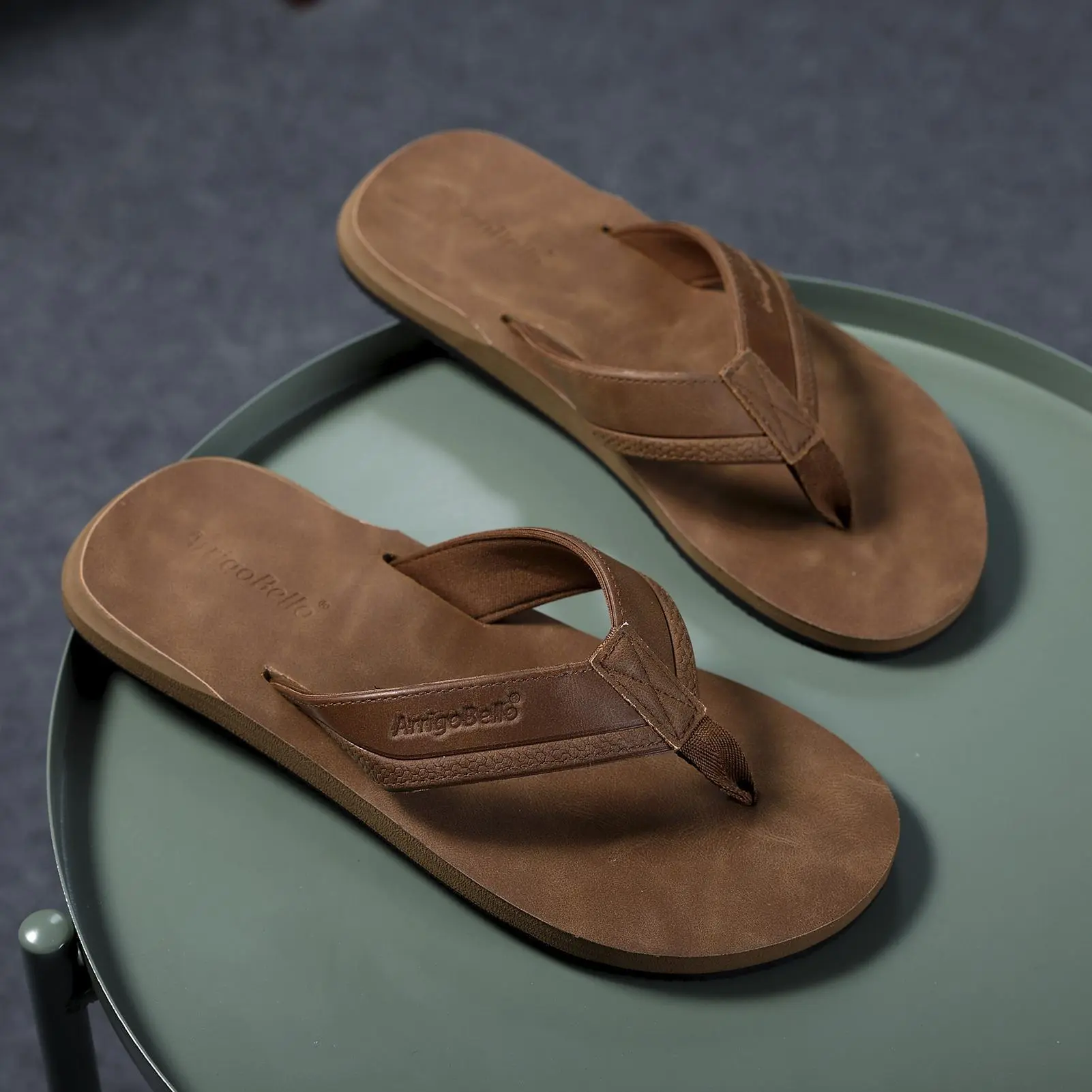 ARRIGOBELLO Mens Arch Support Leather Flip Flops Non-Slip  display picture 3