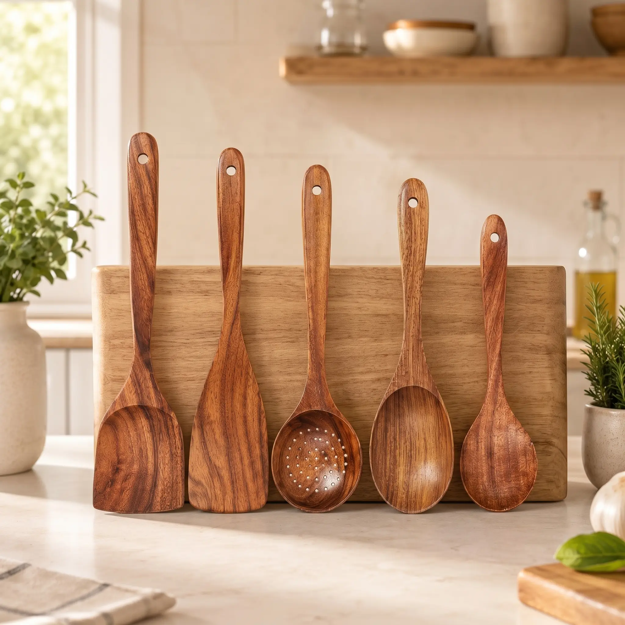 5-Piece Teak Wooden Spoons Kitchen Utensils Set - Smooth Finish, Soft Comfort-Grip, Non-Stick Cooking Tools