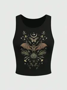 Women's Slim Fit Batwing Moth Print Gym Round Neck Tank Top, Sporty Cami Top, Sports Vest Top, Casual Beach Vacation Swimwear and Strap Top, Stylish Ladies Apparel