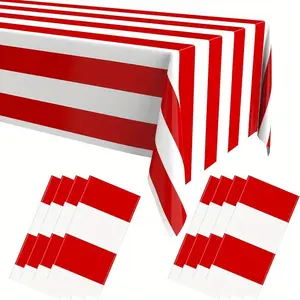 4-Piece Red and White Striped Disposable Tablecloth-54X108 Inches Plastic Rectangular Cover, Suitable for Carnival, Halloween, Circus, Birthday Party and Picnic Decoration, party Dining-Table Decoration | Circus Theme Decoration | Easy-to-Clean Carnival T