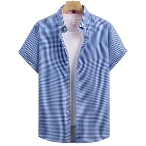 Grid Pattern Full Button Placket Point Lapel Short Sleeve Shirt Stiff Shape-Retaining Layered Drape Relaxed Casual Contour Multi-Scene Adaptive Daily Streetwear Styling Upper Garment