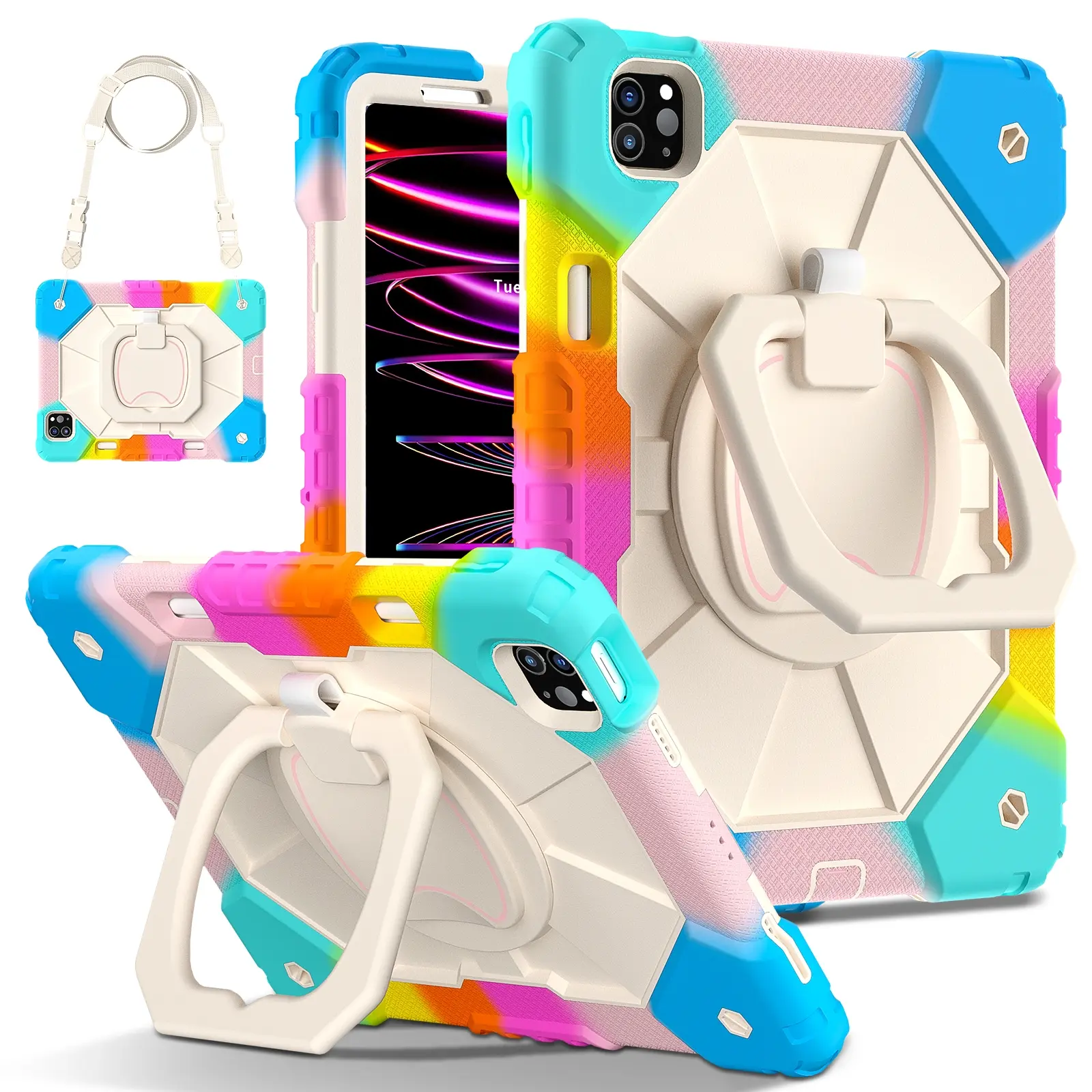 Military-Grade Shockproof Case for iPad Air 8th (M4) 2026 , Compatible with iPad (A16) 11th/10th/ iPad Pro M5 / iPad Mini - Rotating Stand with Pencil Holder & Shoulder Strap - Heavy Duty Drop-Proof Cover for Kids/Adults - Colorful Blue