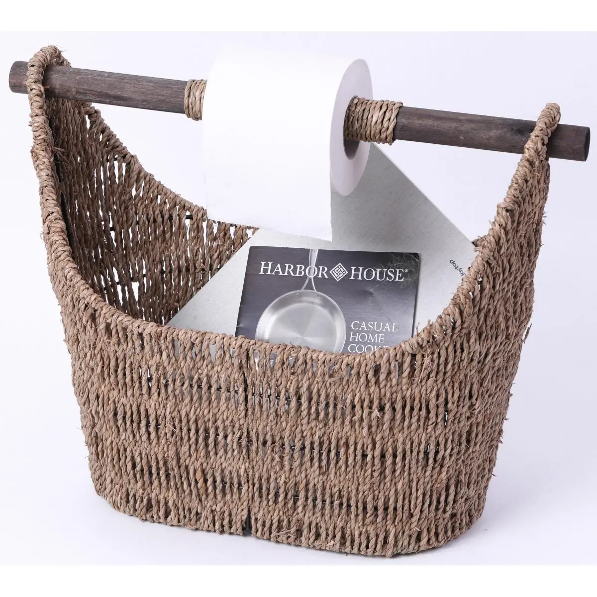 Vintiquewise Farmhouse Freestanding Wicker-Weave Eco-Friendly Durable Seagrass Bathroom Storage Basket - Handwoven Decor Enhancer, Removable Dowel, Rustic Toilet Paper Holder, Small Shelf for Washcloths, Toiletries, Cabin Use, Accessory