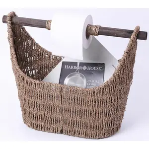 Vintiquewise Farmhouse Freestanding Wicker Seagrass Bathroom Storage Basket - Handwoven Decor Organizer with Removable Dowel, Wooden Rod Toilet Paper Holder, Small Item Shelf for Washcloths, Toiletries