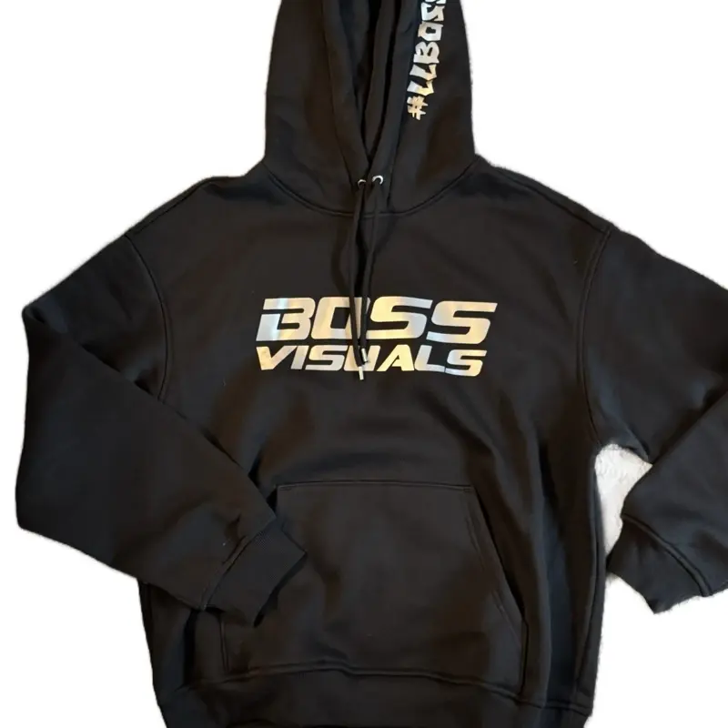 Boss Visuals Black Hoodie with large silver font.