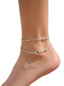 Boho Style Double Layer Anklet with Heart and Infinity Symbol, Silver Color Stainless Steel, Casual and Party Accessory, Boho Style Jewelry