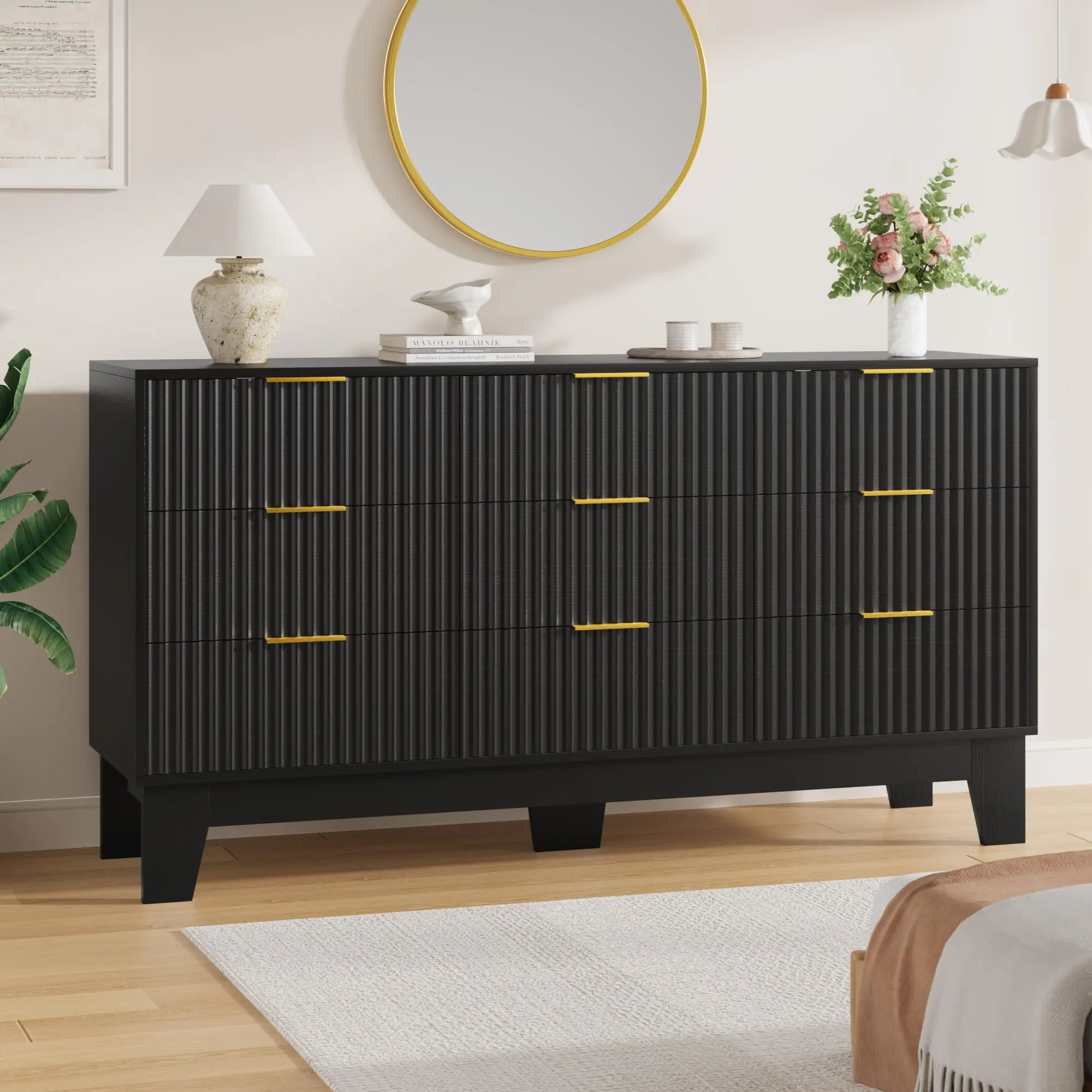 Fluted 9 Drawers Dresser, 59" Wide Modern Chest of Drawers with Metal Handle, Dresser TV Stand, Wood Drawer Organizer for Bedroom, Living Room, Hallway