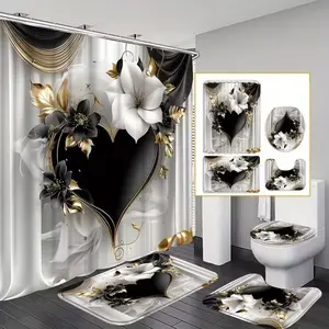 1/4pcs Luxury Heart and Floral Pattern Shower Curtain Set, festive design, includes non-slip mat, U-shaped rug, and toilet seat cover. Perfect for bathroom décor, beautifies the space. Comes with 12 shower curtain hooks. Bathroom Decoration Accessories