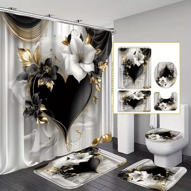 1/4pcs Heart and Floral Pattern Shower Curtain Set, Bathroom Supplies, festive design, includes non-slip mat, U-shaped rug, and toilet seat cover. Perfect for bathroom décor. Comes with 12 shower curtain hooks