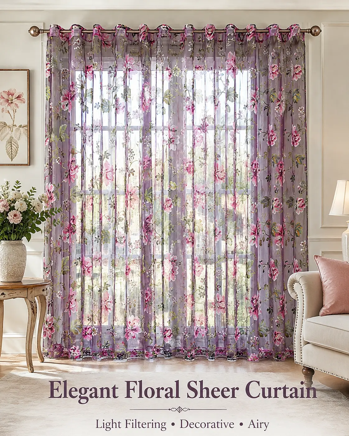 2-Piece Set of Vintage Floral Sheer Curtains | Rustic Interior Decor | Elegant Rose-Embroidered Sheer Curtains/Door Curtains  Perfect for Living Rooms and Bedrooms
