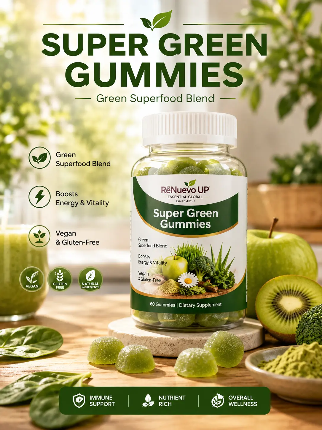 ReNuevo UP Super Green Gummies – Green Superfood Blend, Vegan & Gluten-Free, 60 Gummies