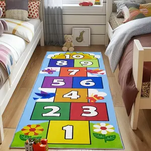 Colorful Number & Animal Pattern Children's Educational Game Carpet, Non-slip Durable Soft Comfortable Long Strip Play Mat, Cartoon Pattern Rug, Suitable for Bedside, Game Room