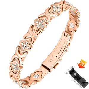 Women's Pure Copper Magnetic Zirconia Bracelet, Luxurious Clover Alloy Rhinestone Single Row Magnet Hand Jewelry, Adjustable Elegant Ring, Rhinestone Bangle Bracelet