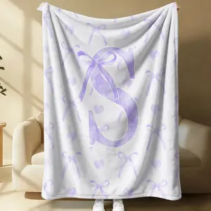 Personalized Purple Bow & Heart Letter S Throw Blanket, Coquette Monogram Letter S Flannel Blanket with Watercolor Ribbon Print, Lightweight Soft Blanket for Bed Sofa Couch, Perfect Gift for Girls