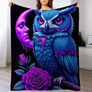 Thickened Flannel Blanket - All-Season Soft and Warm, Blue Owl and Purple Embellishments, Luxurious Bedspread or Sofa Cover, Suitable for Living Room and Bedroom - Perfect Housewarming Gift, Cozy Home Decor, Vibrant Print, High-Quality Material